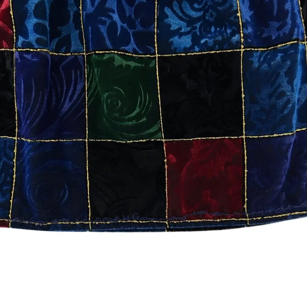 Vintage Velvet Burnout Patchwork Holiday Flowy Tiered Ruffled Maxi Skirt (S/M)